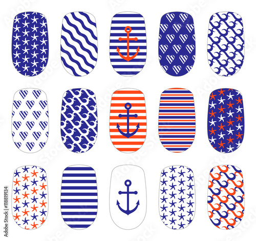 Nail art marine style templates. Manicure design set. Can be used for false nail tips and stickers. Isolated on white. EPS 10 vector 