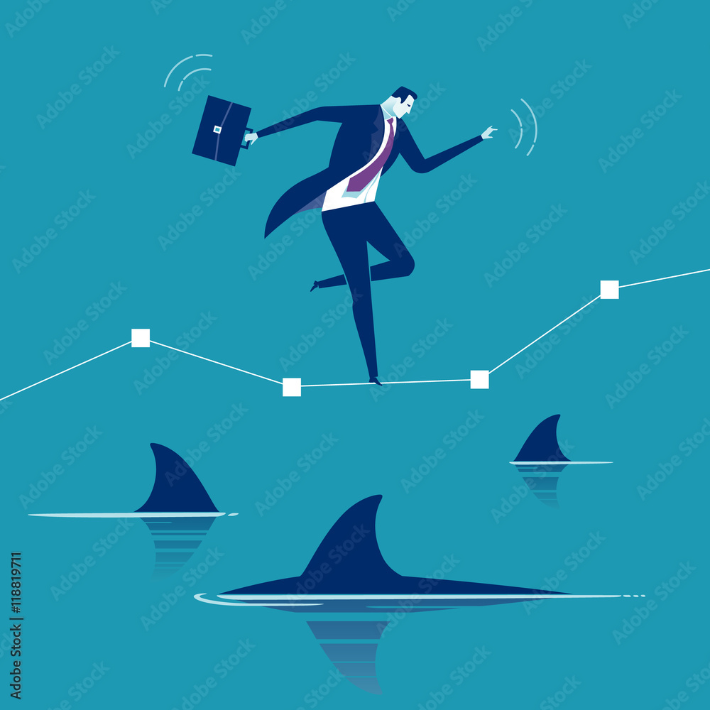 Among Sharks. Businessman balancing over water full of sharks. Concept business illustration
