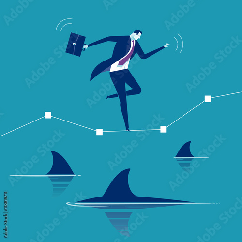Among Sharks. Businessman balancing over water full of sharks. Concept business illustration