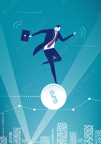 Balance. Businessman balancing on the dollar coin. Concept business illustration
