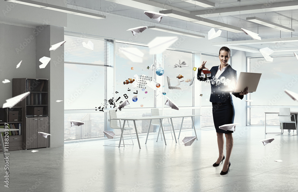 Woman with laptop in hands  . Mixed media