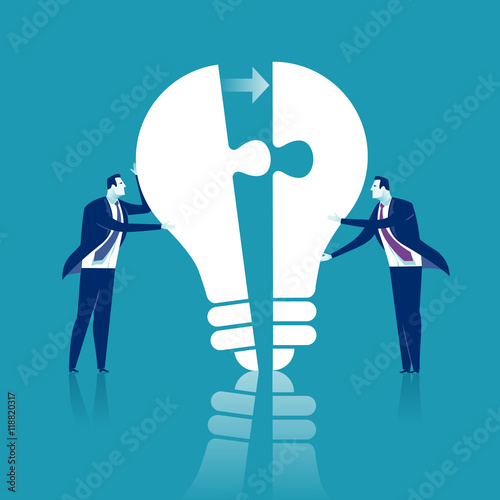 Completing Idea. Two businessmen completing light bulb, metaphorical representation of an idea

