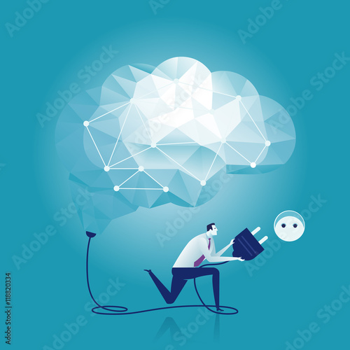 Connection. Businessman switching on a brain. Business concept vector illustration.
