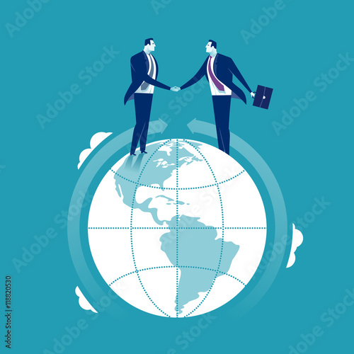 Global Cooperation. Businessmen shaking hands at the globe. Concept business illustration
