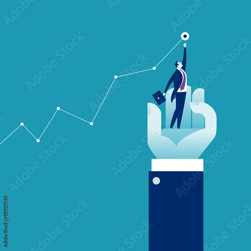 Helping Hand. Businessman standing on the hand reaching for the target. Business concept illustration.
