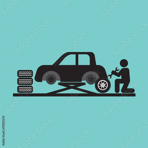 Person Changing Automobil Wheel Tire Graphic Symbol Vector Illustration