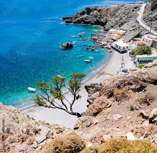 Maridaki beach. A beautiful remote beach in south Crete, Greece. Accessible by car by a long dirt road or by a 45-minutes trekking path from the nearest beach of Tsoutsouros.