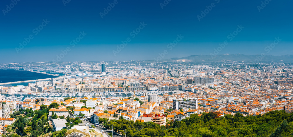 Panorama, Aerial View, Cityscape Of Marseille, France. Sunny Summer