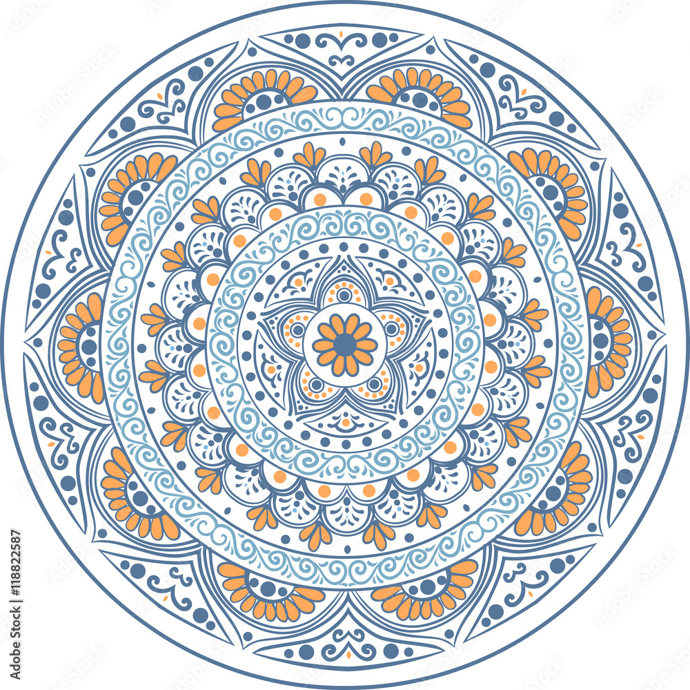 Drawing of a floral mandala in blue and orange colors on a white background