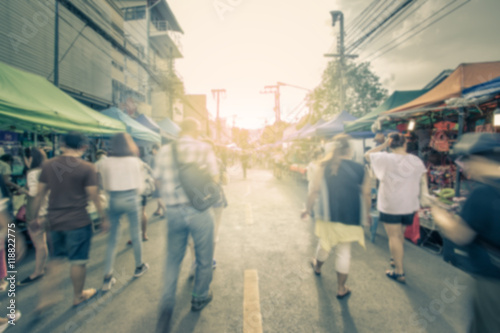 Blurred image of street market with retro color effected, blurre