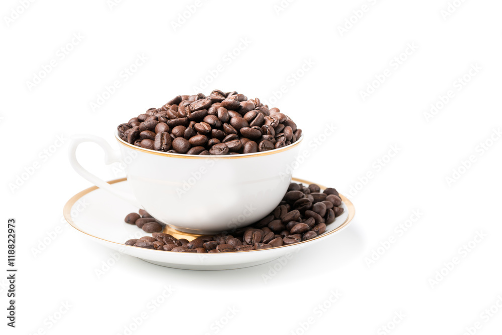 coffee beans in white cup isolated on white coffee beans in white cup isolated on white