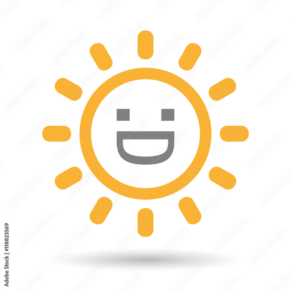 Isolated line art sun icon with a laughing text face Isolated line art sun icon with a laughing text face