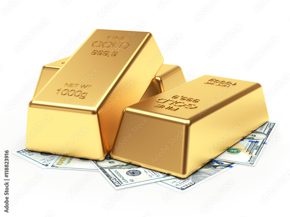 Golden bars on dollar bills isolated on a white background. 3d illustration Golden bars on dollar bills isolated on a white background. 3d illustration