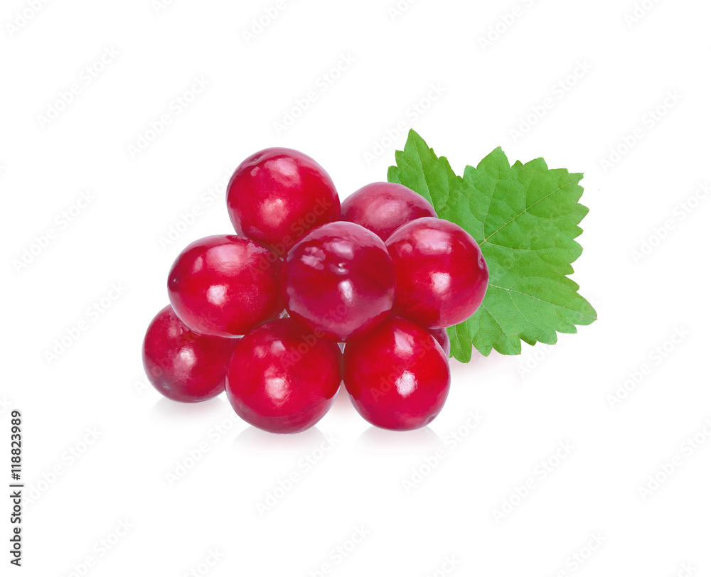 Ripe red grape with leaves, seedless grapes isolated on white ba
