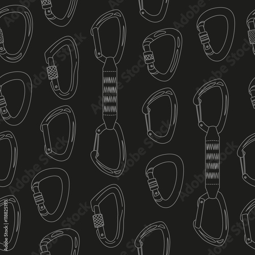 Seamless pattern with climbing carabiners on black