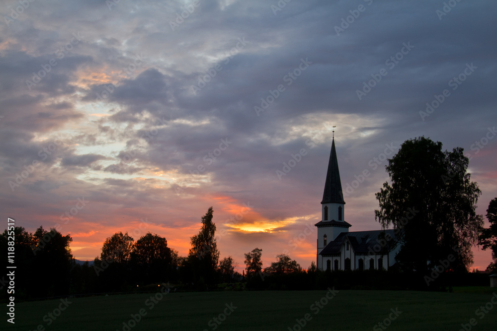 Obraz premium Mo kirke, Church of Nord Odal, Norway, at sunset