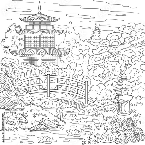 Stylized oriental temple - japanese or chinese tower pagoda. Landscape with trees, lake, stones, flowers. Freehand sketch for adult anti stress coloring book page with doodle and zentangle elements.