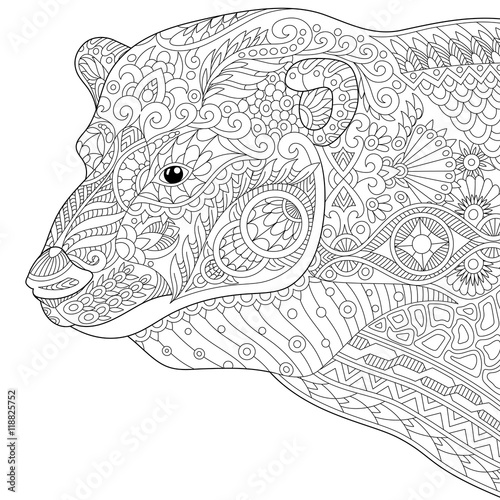 Fototapeta Naklejka Na Ścianę i Meble -  Stylized polar bear, isolated on white background. Freehand sketch for adult anti stress coloring book page with doodle and zentangle elements.