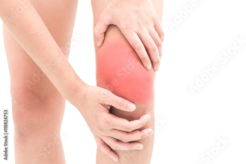  woman with knee pain isolated on white background