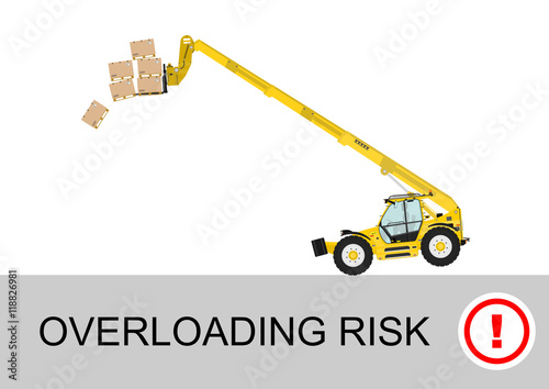 Tip over risk. Non rotating telescopic handler (forklift) on a white background. Flat vector