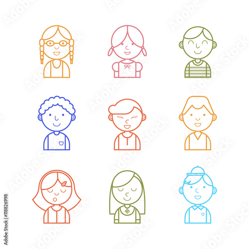 Color vector set of different nationality kids avatar icon. Thin line design style. Girls and boys portraits for web.