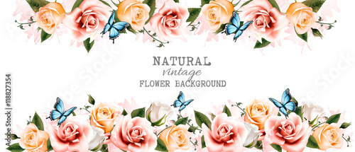 Watercolor flower vintage background with beautiful roses and bu