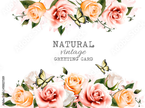 Natural background with roses. Vintage vector.