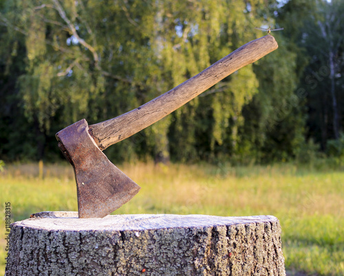 A hatchet on a stump , on a green background.Ax, hatchet, axe.