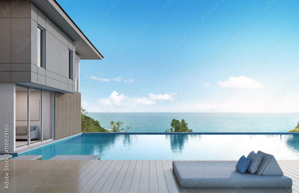 Fototapeta premium sea view house with pool in modern design - 3d rendering