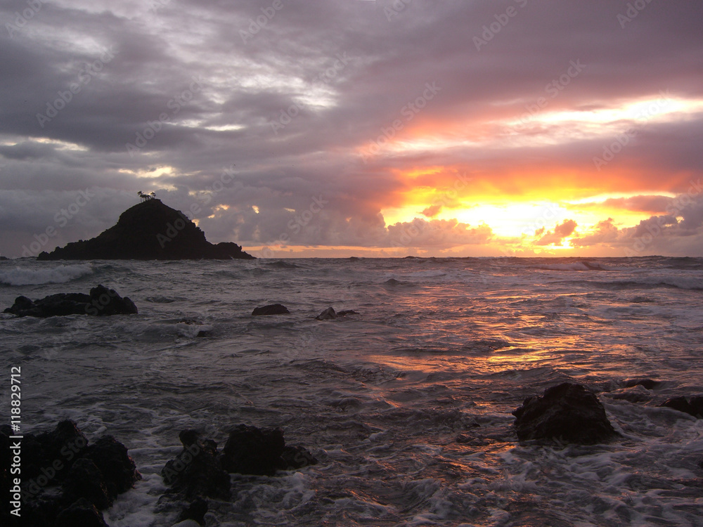 Vibrant Hawaiian island sunrise along Pacific coast