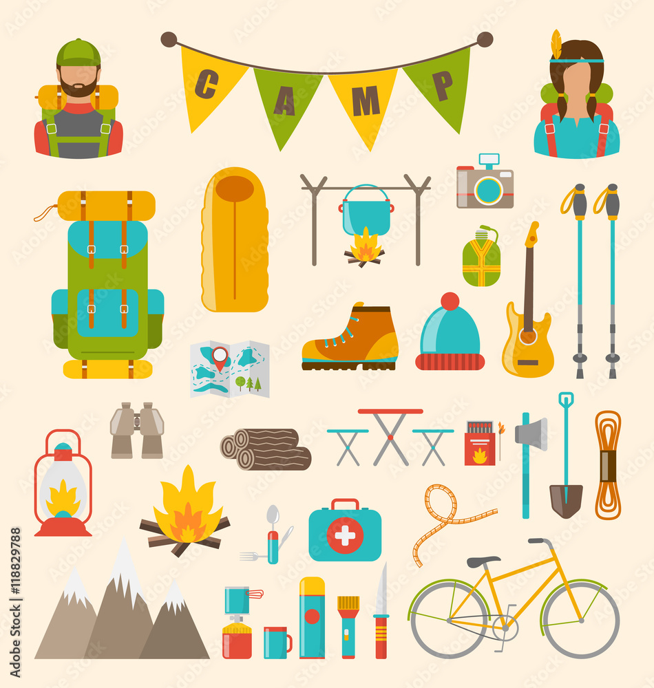 Collection of Camping and Hiking Equipment, Colorful Symbols and Icons Isolated