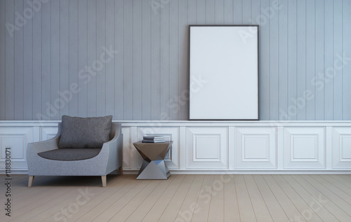 blank art frame on wall of living room - 3d rendering