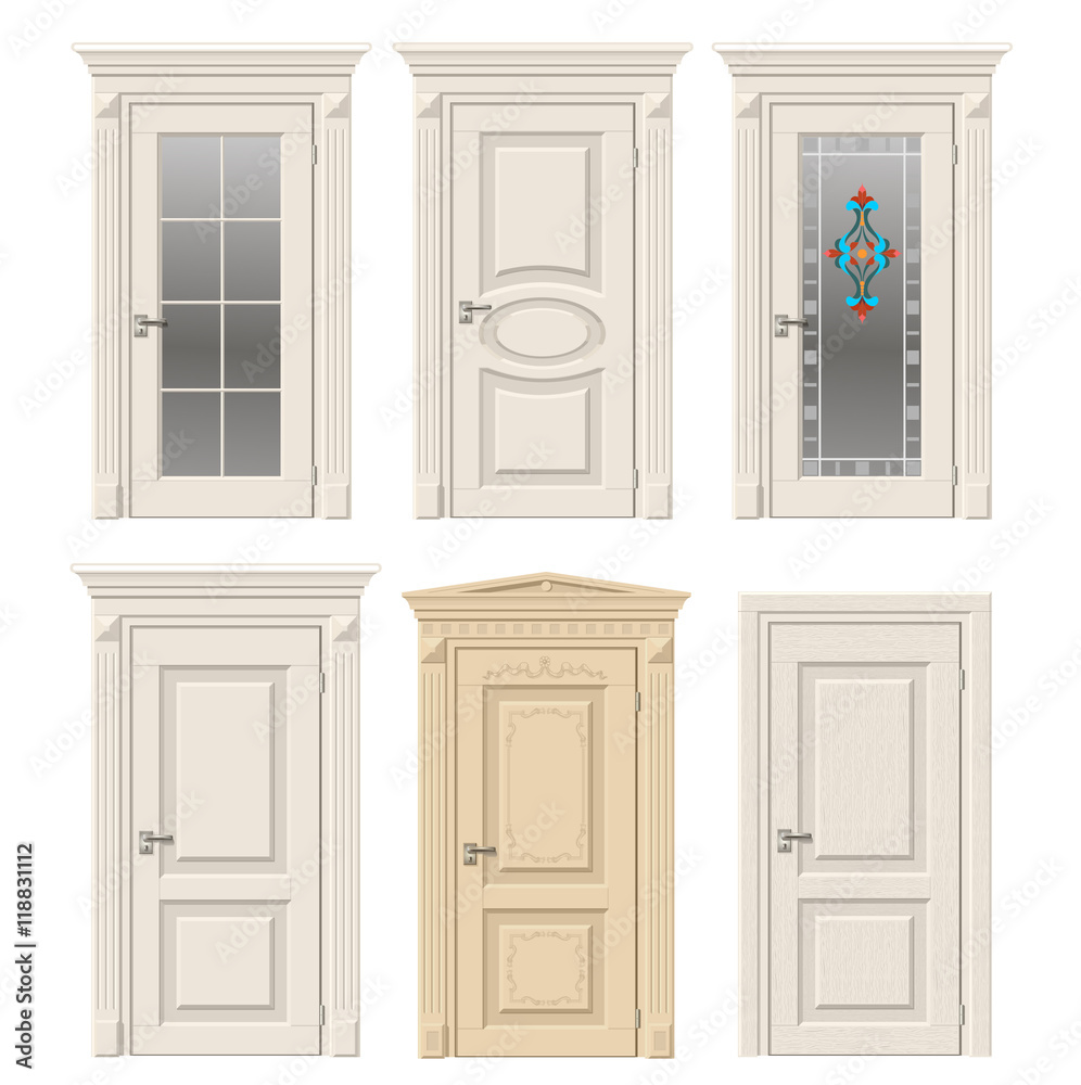 Set of six classic vintage doors in Victorian and Baroque style with stained glass, ornaments. Color doors in a light beige wood.