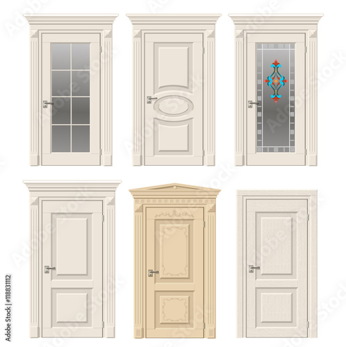 Set of six classic vintage doors in Victorian and Baroque style with stained glass, ornaments. Color doors in a light beige wood.