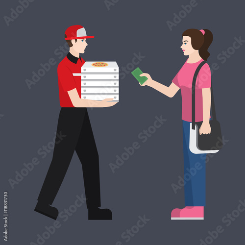 Pizza delivery boy handing pizza box to a girl/ student. Girl giving money for her order. Flat style illustration or icon. EPS 10 vector.