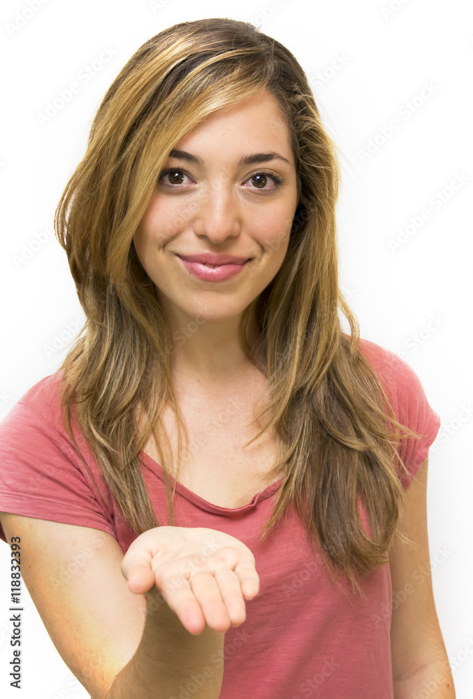 Portrait of a beautiful woman with her open hand Portrait of a beautiful woman with her open hand