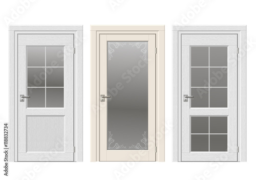 Set of classic vintage doors with stained glass, ornaments. Color doors in a light beige and white wood.