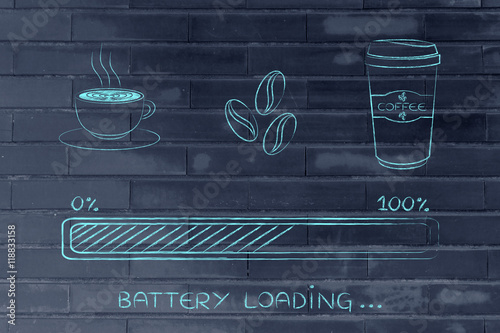 coffee icons with progress bar loading awakeness, battery versio photo