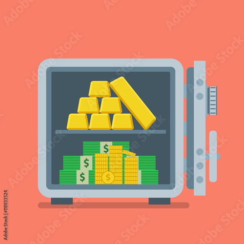 opened metal safe with money coins banknotes gold bars in flat style