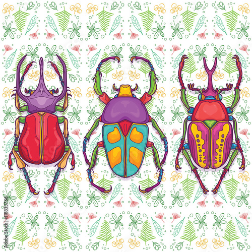 Vector Illustration of Insects Colorful Hand Drawn. Set of 3 Beetle Bugs Top View on Endless leaf Background
