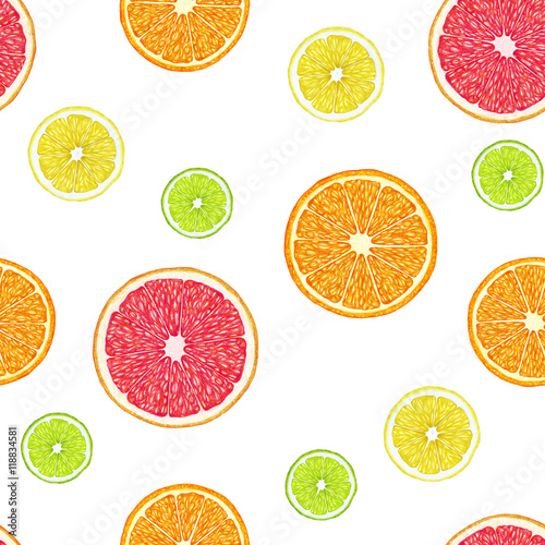 Seamless pattern with hand-drawn citrus. Digitally colored. Lemon, lime, orange and grapefruit. 