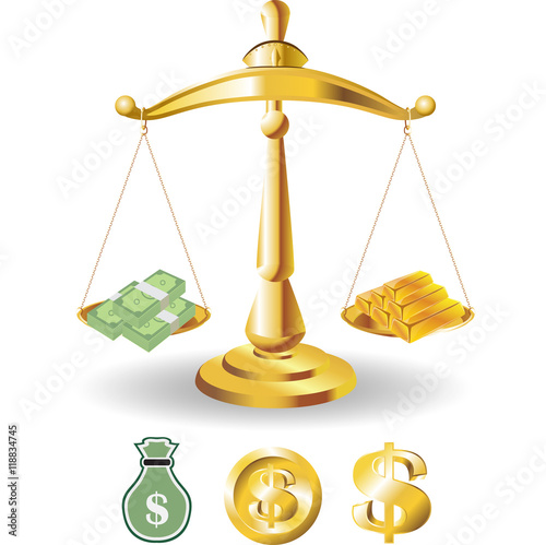 Scales of Justice symbolizing the measure of a cases support and opposition in a court of law. Scales of Justice vector. Illustration Scales of Justice. with dollar money and gold