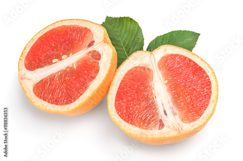 Two halves of ripe grapefruit isolated on white background
