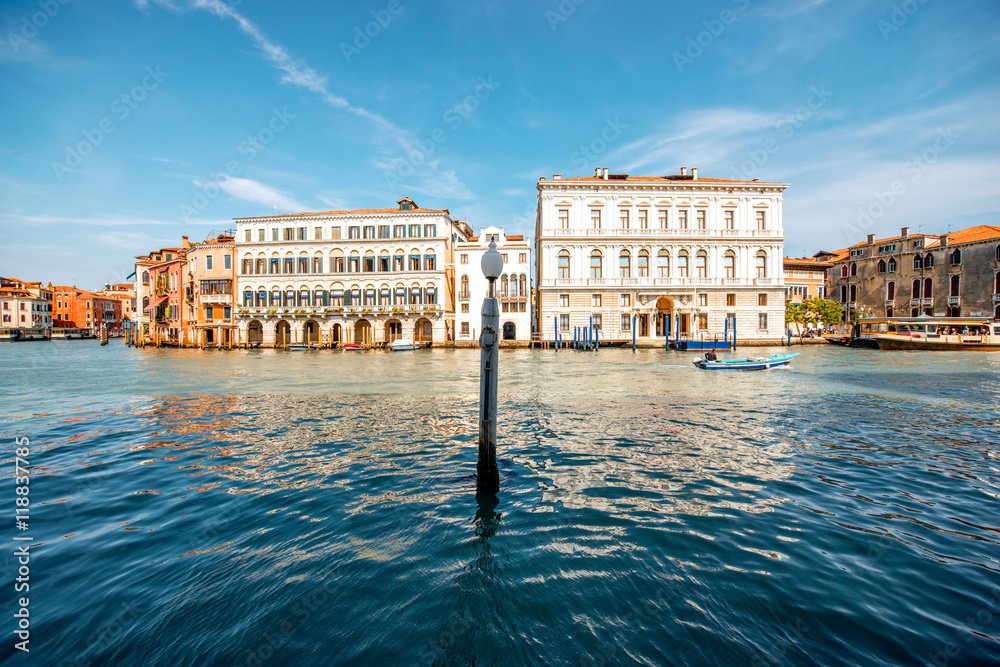 View on the Grand canal with houses and palaces in Venice