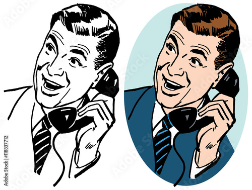 Man talking on vintage telephone