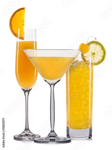 Set of orange cocktails with decoration from fruits and colorful straw isolated on white background