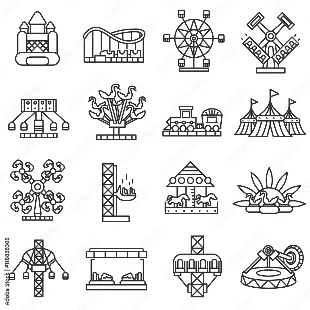 Fotografie amusement park icons set. Thin line design