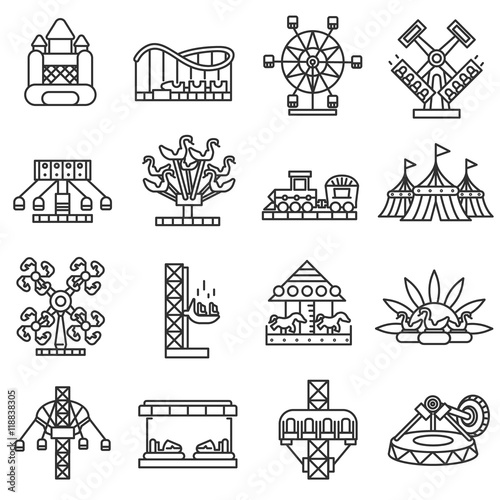 amusement park icons set. Thin line design