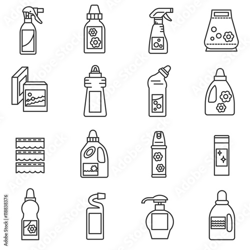 Household chemicals icons set. Cleaners collection. Thin line design