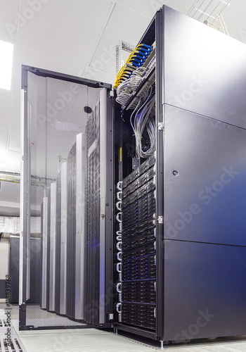 rackserver hardware with an open door in the data center